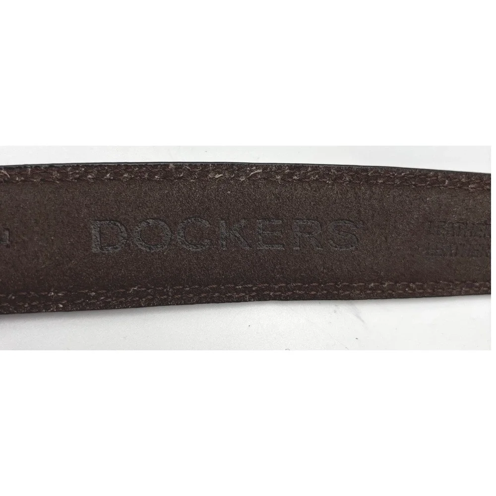 Dockers Men's Brown Leather Belt Size 44 Silver-Tone Buckle Contrast Stitching
